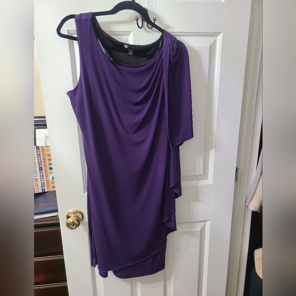 Purple sheath dress with side ruffle